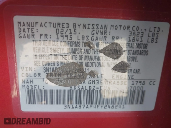 2015 Nissan Sentra SV with VIN 3N1AB7AP4FY248241, listed as a IAAI auction lot 41823236 with 126,752 mi miles and . Bid and sale history available at DreamBid. Image 9.