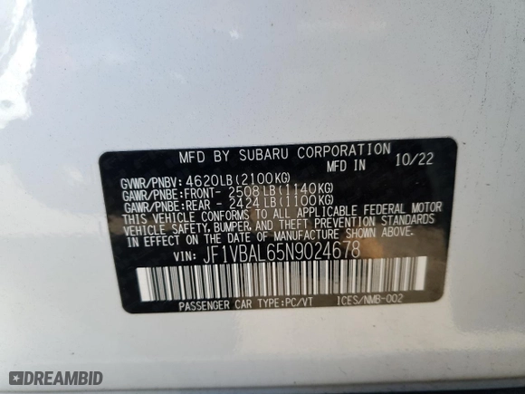 2022 Subaru WRX Limited with VIN JF1VBAL65N9024678, listed as a Copart auction lot 86005354 with 11,592 mi miles and Salvage Title. Bid and sale history available at carsss.com. Image 12.
