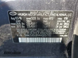 2017 Hyundai Santa Fe 2.4L with VIN 5NMZUDLB1HH005770, listed as a Copart auction lot 60734225 with 58,597 mi miles and Clean title. Bid and sale history available at DreamBid. Image 13.