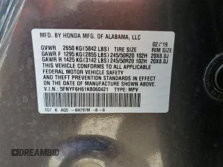 2019 Honda Pilot Touring 7-Passenger with VIN 5FNYF6H61KB060421, listed as a Copart auction lot 49460295 with 41,362 mi miles and Salvage Title. Bid and sale history available at DreamBid. Image 14.