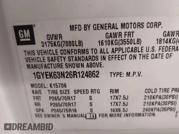 2006 Cadillac Escalade z VIN 1GYEK63N26R124862, wystawiony jako IAAI lot #42073868 z przebiegiem 244 070 mil mil oraz . Historia ofert i sprzedaży dostępna na DreamBid. Obrazek 9.
