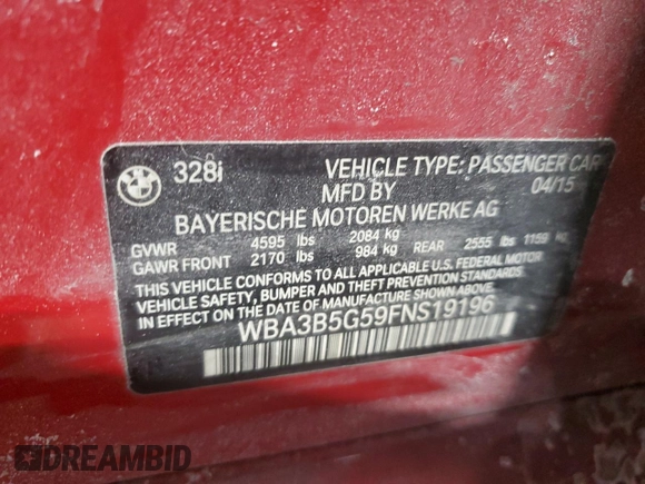 2015 BMW 3 Series 328i xDrive with VIN WBA3B5G59FNS19196, listed as a Copart auction lot 42254755 with 101,856 mi miles and Salvage Title. Bid and sale history available at carsss.com. Image 12.