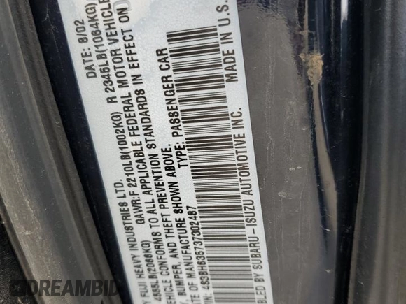 2003 Subaru Legacy L with VIN 4S3BH635737302487, listed as a Copart auction lot 41488165 with 203,760 mi miles and Clean title. Bid and sale history available at DreamBid. Image 13.