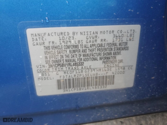 2024 Nissan Kicks S with VIN 3N1CP5BV1RL485332, listed as a Copart auction lot 50094935 with 0 mi miles and Salvage Title. Bid and sale history available at carsss.com. Image 15.