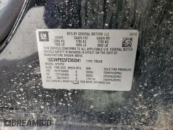 2015 Chevrolet Silverado 1500 LS with VIN 1GCVKPEC5FZ362941, listed as a Copart auction lot 51245085 with Not Provided miles and Salvage Title. Bid and sale history available at DreamBid. Image 12.
