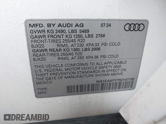2024 Audi Q5 S line Premium Plus with VIN WA1EAAFY7R2147109, listed as a IAAI auction lot 41064261 with 4,647 mi miles. Bid and sale history available at carsss.com. Image 9.