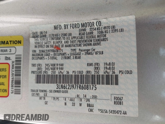 2015 Lincoln MKZ with VIN 3LN6L2J97FR608175, listed as a IAAI auction lot 41860094 with 196,965 mi miles and . Bid and sale history available at DreamBid. Image 9.
