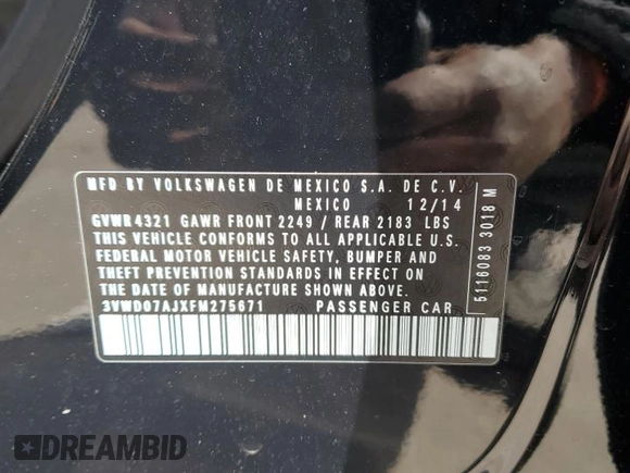 2015 Volkswagen Jetta Sedan 1.8T SE w/Connectivity with VIN 3VWD07AJXFM275671, listed as a Copart auction lot 88924785 with 0 mi miles and Clean Title. Bid and sale history available at carsss.com. Image 12.