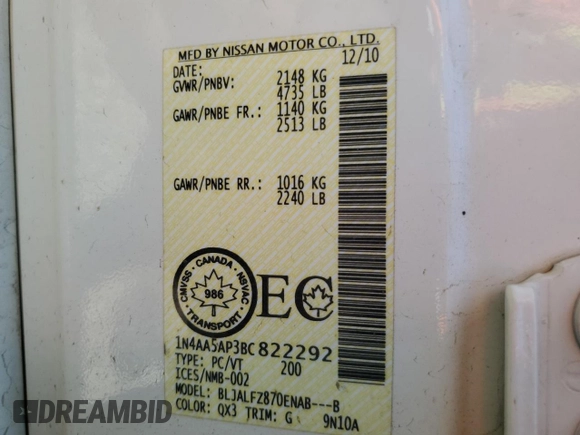 2011 Nissan Maxima SV z VIN 1N4AA5AP3BC822292, wystawiony jako Copart lot #61411155 z przebiegiem 224 273 mil mil oraz Szkoda całkowita • Salvage title. Historia ofert i sprzedaży dostępna na DreamBid. Obrazek 12.