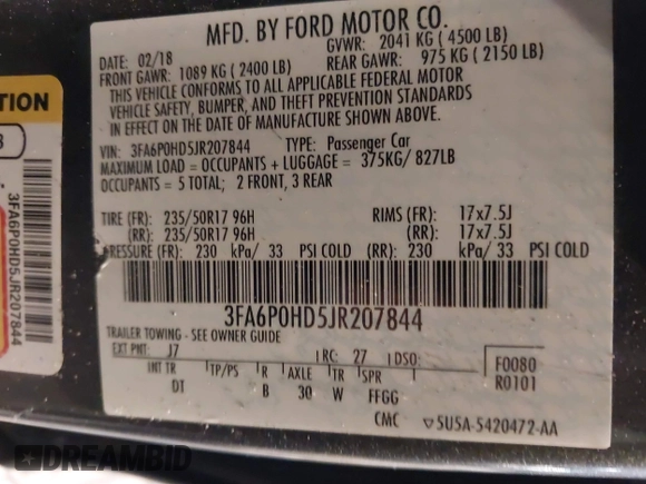 2018 Ford Fusion SE with VIN 3FA6P0HD5JR207844, listed as a IAAI auction lot 42534696 with 93,360 mi miles and . Bid and sale history available at DreamBid. Image 9.