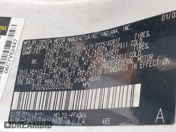 2005 Toyota Sienna XLE with VIN 5TDZA22C95S272882, listed as a IAAI auction lot 42045570 with 341,267 mi miles and . Bid and sale history available at DreamBid. Image 9.