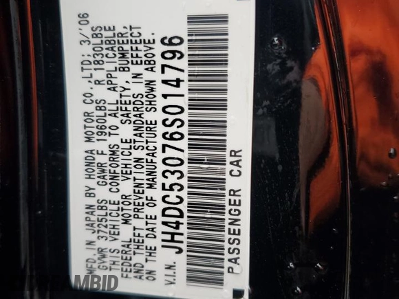 2006 Acura RSX Type S z VIN JH4DC53076S014796, wystawiony jako Copart lot #57726635 z przebiegiem 55 175 mil mil oraz Szkoda całkowita • Salvage title. Historia ofert i sprzedaży dostępna na DreamBid. Obrazek 13.