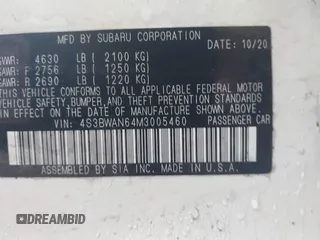 2021 Subaru Legacy Limited with VIN 4S3BWAN64M3005460, listed as a IAAI auction lot 41898443 with 59,949 mi miles and . Bid and sale history available at DreamBid. Image 9.