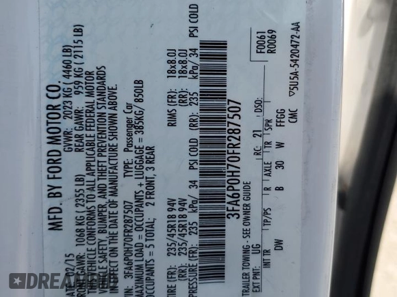 2015 Ford Fusion SE with VIN 3FA6P0H70FR287507, listed as a Copart auction lot 51421875 with 189,971 mi miles and Salvage Title. Bid and sale history available at carsss.com. Image 12.