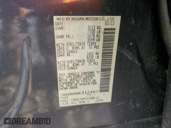 2011 Nissan Titan SL with VIN 1N6AA0ED6BN312467, listed as a Copart auction lot 81003434 with Not Provided miles and Salvage Title. Bid and sale history available at carsss.com. Image 12.