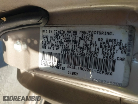 1998 Toyota Camry LE z VIN 4T1BF28K4WU057663, wystawiony jako IAAI lot #41329614 z przebiegiem 145 034 mil mil oraz . Historia ofert i sprzedaży dostępna na DreamBid. Obrazek 9.