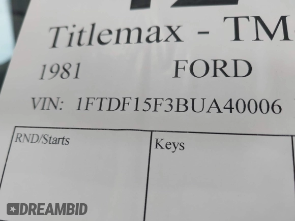 1981 Ford F-150 с VIN 1FTDF15F3BUA40006, выставлен на аукционе IAAI как лот 42456045 с пробегом 53 417 миль миль и . История ставок и продаж доступна на DreamBid. Изображение 9.