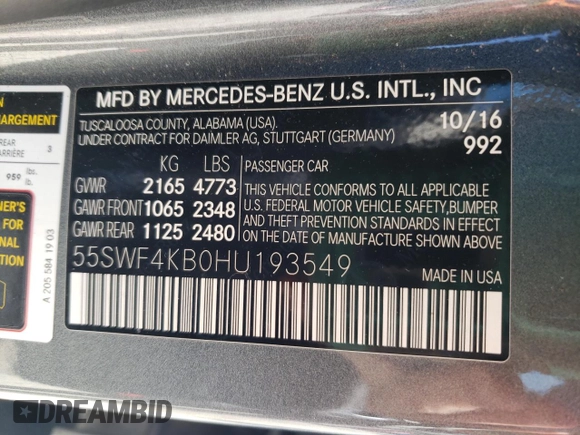 2017 Mercedes-Benz C 300 with VIN 55SWF4KB0HU193549, listed as a Copart auction lot 57495255 with 102,398 mi miles and Salvage title. Bid and sale history available at DreamBid. Image 12.