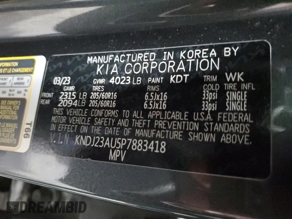 2023 Kia Soul LX with VIN KNDJ23AU5P7883418, listed as a Copart auction lot 55080605 with 39,292 mi miles and Salvage Title. Bid and sale history available at carsss.com. Image 13.