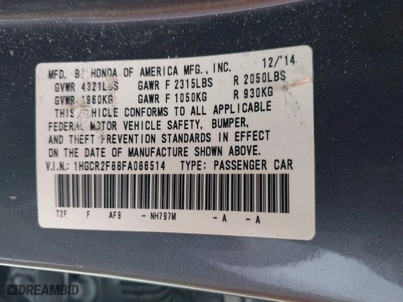 2015 Honda Accord Sedan EX-L with VIN 1HGCR2F88FA086514, listed as a IAAI auction lot 41903639 with 117,706 mi miles. Bid and sale history available at carsss.com. Image 9.