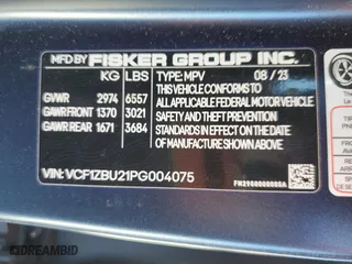 2023 Fisker Ocean One with VIN VCF1ZBU21PG004075, listed as a Copart auction lot 48259195 with 0 mi miles and Non Repairable. Bid and sale history available at carsss.com. Image 16.