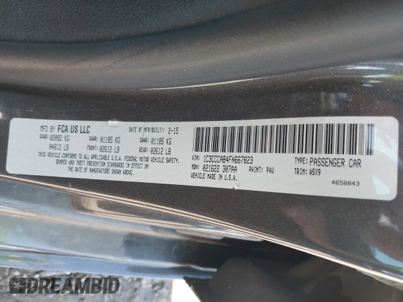 2015 Chrysler 200 Limited with VIN 1C3CCCAB4FN667823, listed as a IAAI auction lot 41814111 with 107,514 mi miles. Bid and sale history available at carsss.com. Image 9.