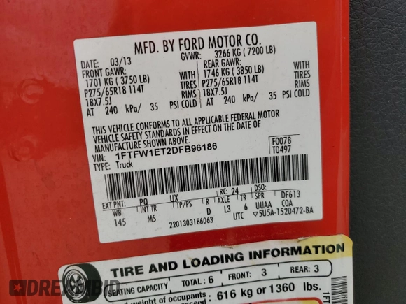 2013 Ford F-150 XL with VIN 1FTFW1ET2DFB96186, listed as a Copart auction lot 54178405 with 211,232 mi miles and Salvage Title. Bid and sale history available at carsss.com. Image 12.