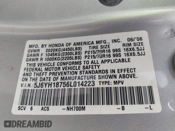 2006 Honda Element EX-P with VIN 5J6YH18756L014223, listed as a IAAI auction lot 42029555 with 252,799 mi miles. Bid and sale history available at carsss.com. Image 9.