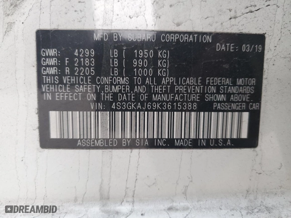 2019 Subaru Impreza Sport with VIN 4S3GKAJ69K3615388, listed as a Copart auction lot 46227915 with 53,946 mi miles and Salvage Title. Bid and sale history available at carsss.com. Image 12.
