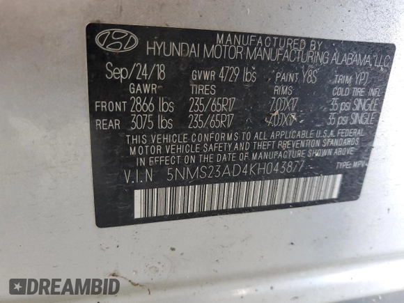 2019 Hyundai Santa Fe SE with VIN 5NMS23AD4KH043877, listed as a Copart auction lot 53997085 with 64,018 mi miles and Salvage Title. Bid and sale history available at carsss.com. Image 12.