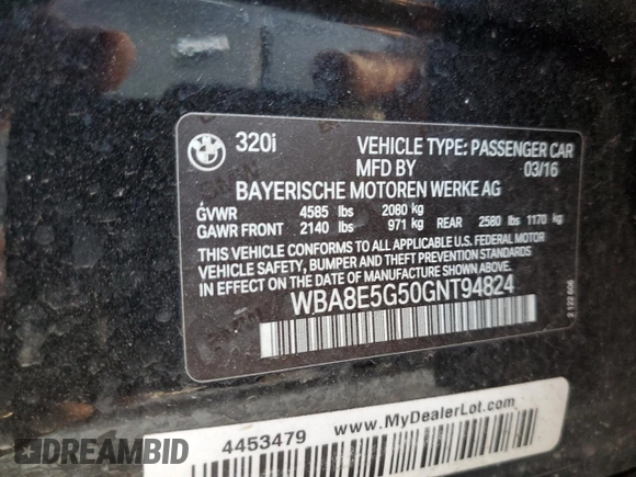2016 BMW 3 Series 320i xDrive with VIN WBA8E5G50GNT94824, listed as a Copart auction lot 48021425 with 126,266 mi miles and Salvage Title. Bid and sale history available at carsss.com. Image 12.