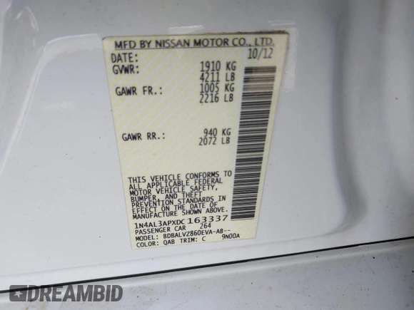 2013 Nissan Altima SV with VIN 1N4AL3APXDC163337, listed as a IAAI auction lot 41845665 with 153,546 mi miles and . Bid and sale history available at carsss.com. Image 9.
