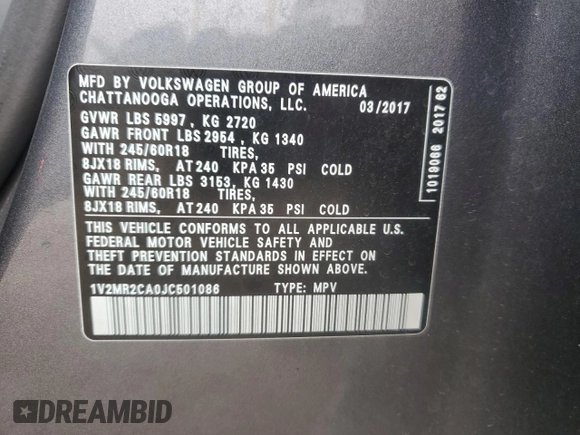 2018 Volkswagen Atlas SEL с VIN 1V2MR2CA0JC501086, выставлен на аукционе Copart как лот 54409025 с пробегом 82 044 миль миль и Списание • Salvage title. История ставок и продаж доступна на DreamBid. Изображение 13.