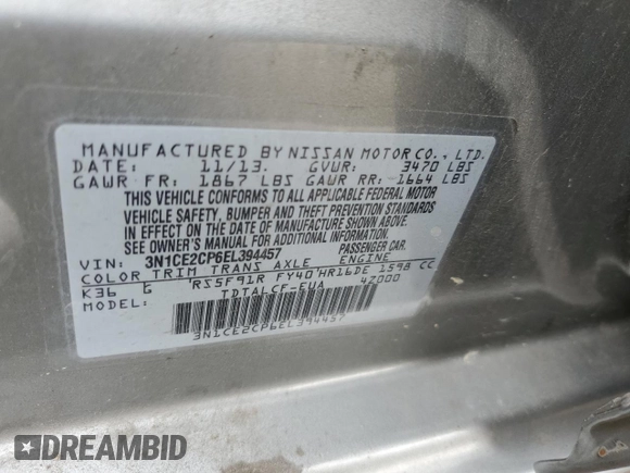 2014 Nissan Note S with VIN 3N1CE2CP6EL394457, listed as a Copart auction lot 54212055 with 83,951 mi miles and Salvage Title. Bid and sale history available at DreamBid. Image 13.