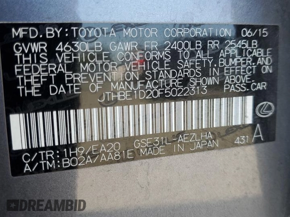 2015 Lexus IS 350 с VIN JTHBE1D20F5022313, выставлен на аукционе Copart как лот 59924795 с пробегом 73 706 миль миль и Списание • Salvage title. История ставок и продаж доступна на DreamBid. Изображение 12.
