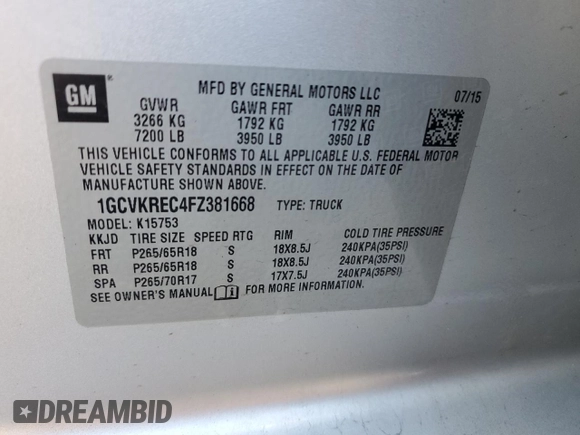 2015 Chevrolet Silverado 1500 LT with VIN 1GCVKREC4FZ381668, listed as a Copart auction lot 50797285 with 172,540 mi miles and Salvage Title. Bid and sale history available at DreamBid. Image 13.