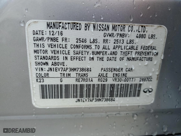2017 Infiniti Q50 3.0t Premium with VIN JN1EV7AP3HM738684, listed as a Copart auction lot 43052005 with NaN miles and Clean Title. Bid and sale history available at carsss.com. Image 12.