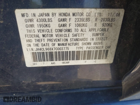2007 Acura TSX with VIN JH4CL968X7C003775, listed as a IAAI auction lot 42676543 with 159,256 mi miles and . Bid and sale history available at DreamBid. Image 9.