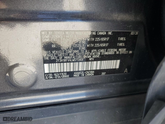 2020 Toyota RAV4 LE with VIN 2T3H1RFV4LW075968, listed as a Copart auction lot 49629335 with 70,799 mi miles and Salvage Title. Bid and sale history available at carsss.com. Image 15.
