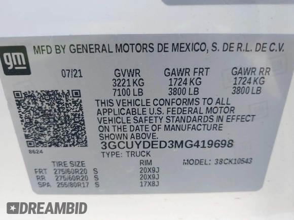 2021 Chevrolet Silverado 1500 LT with VIN 3GCUYDED3MG419698, listed as a IAAI auction lot 42339219 with 45,052 mi miles and . Bid and sale history available at DreamBid. Image 9.