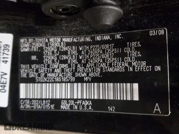 2008 Toyota Sienna XLE with VIN 5TDZK22C18S185799, listed as a Copart auction lot 53516245 with 159,634 mi miles and Non Repairable. Bid and sale history available at DreamBid. Image 13.
