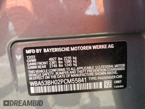 2023 BMW 5 Series 530i with VIN WBA53BH02PCM55841, listed as a Copart auction lot 58391765 with 6,947 mi miles and Salvage title. Bid and sale history available at DreamBid. Image 13.