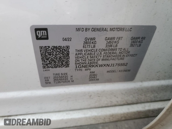 2022 Chevrolet Traverse Premier with VIN 1GNERKKWXNJ175552, listed as a Copart auction lot 41934655 with 63,582 mi miles and Clean title. Bid and sale history available at DreamBid. Image 13.
