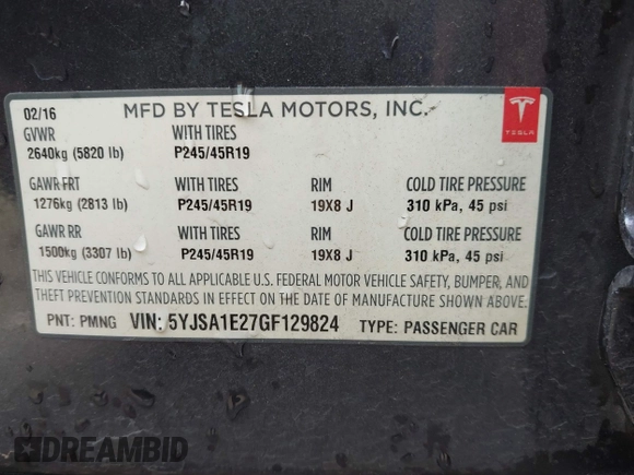 2016 Tesla Model S 90D with VIN 5YJSA1E27GF129824, listed as a IAAI auction lot 42058080 with 113,171 mi miles and . Bid and sale history available at DreamBid. Image 9.
