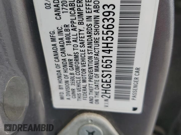 2004 Honda Civic LX z VIN 2HGES16514H556393, wystawiony jako Copart lot #58419375 z przebiegiem 153 990 mil mil oraz Szkoda całkowita • Salvage title. Historia ofert i sprzedaży dostępna na DreamBid. Obrazek 12.