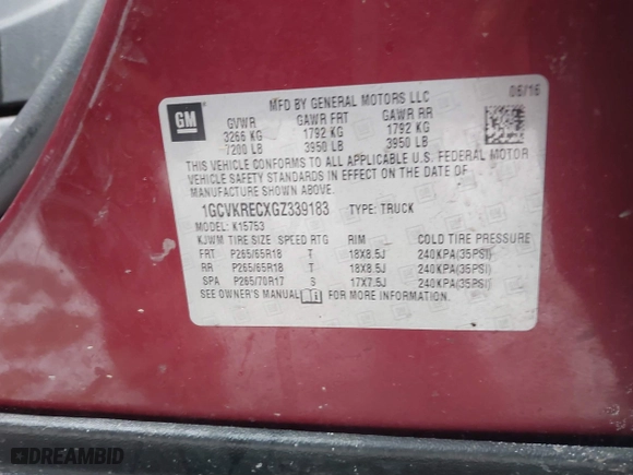 2016 Chevrolet Silverado 1500 LT with VIN 1GCVKRECXGZ339183, listed as a IAAI auction lot 41407017 with 121,373 mi miles. Bid and sale history available at carsss.com. Image 9.