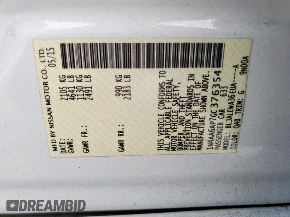 2016 Nissan Maxima SL with VIN 1N4AA6AP7GC376354, listed as a Copart auction lot 63635655 with 110,547 mi miles and Salvage title. Bid and sale history available at DreamBid. Image 12.