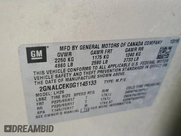 2016 Chevrolet Equinox LT with VIN 2GNALCEK0G1145133, listed as a Copart auction lot 53948195 with 119,990 mi miles and Salvage Title. Bid and sale history available at DreamBid. Image 13.