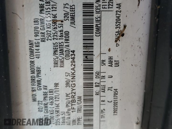 2022 Ford Transit Cargo with VIN 1FTBR2YG1NKA29434, listed as a Copart auction lot 68625904 with 89,712 mi miles and Non Repairable. Bid and sale history available at DreamBid. Image 12.