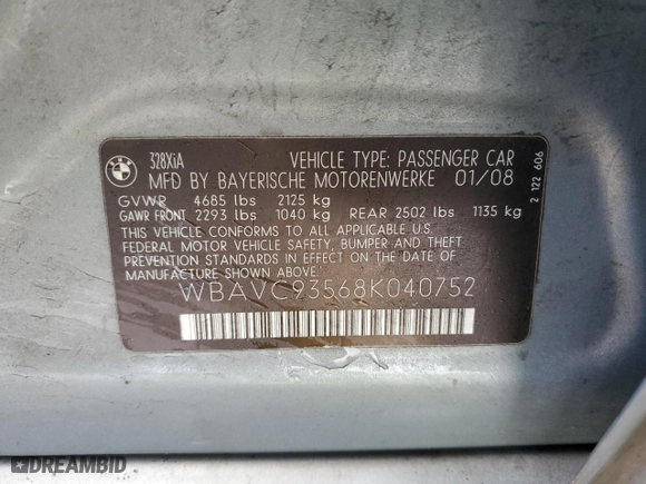 2008 BMW 3 Series 328xi with VIN WBAVC93568K040752, listed as a Copart auction lot 45042605 with 162,092 mi miles and Clean Title. Bid and sale history available at carsss.com. Image 12.
